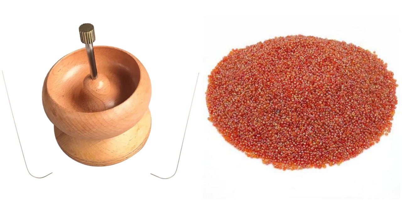 Large Wooden Bead Spinner Loader 4.5" Diameter, 2 Beading Needles & 500 Grams Orange Seed Beads